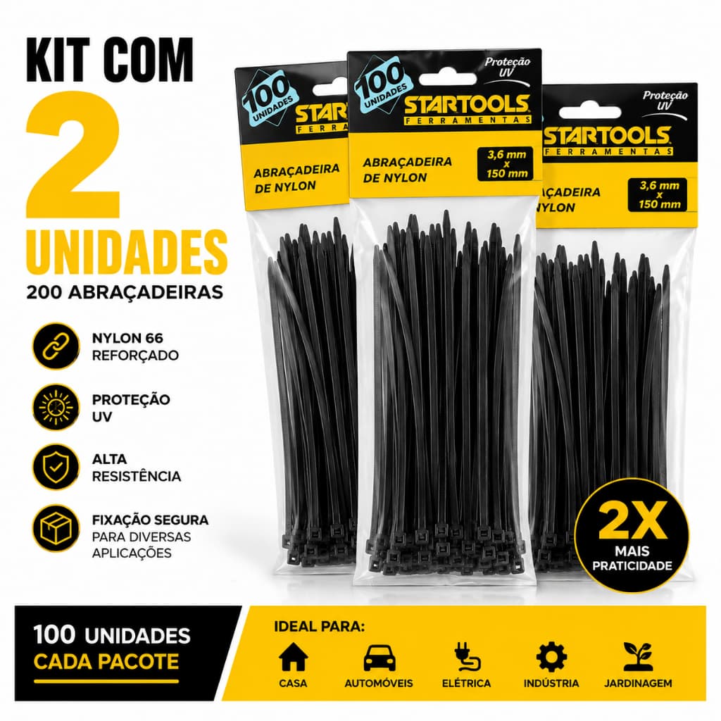 Abraçadeira Nylon Preta 200un Alta Resistência Kit C/2 Preto Proteção UV