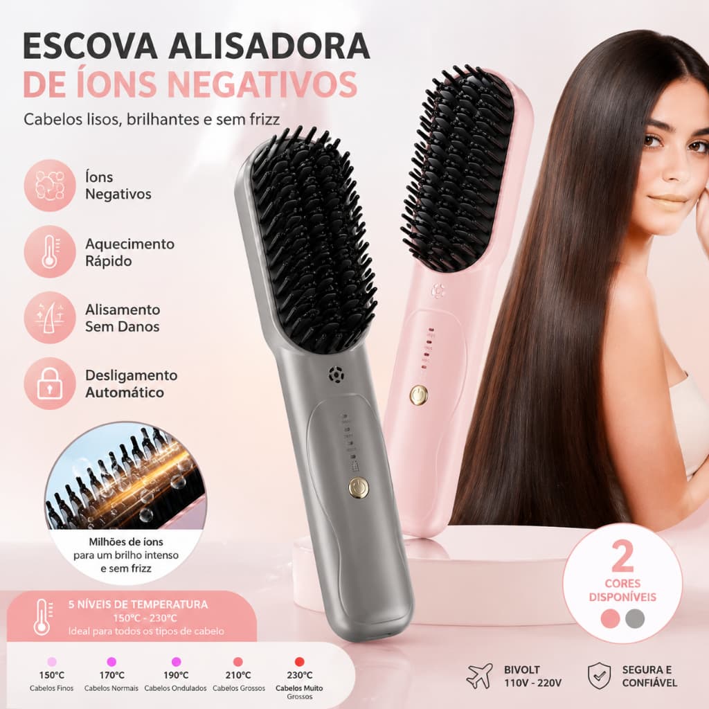 Escova Alisadora Elétrica De Cabelo Com Íons Negativos Sem Danificar Fios Aquecimento Rápido