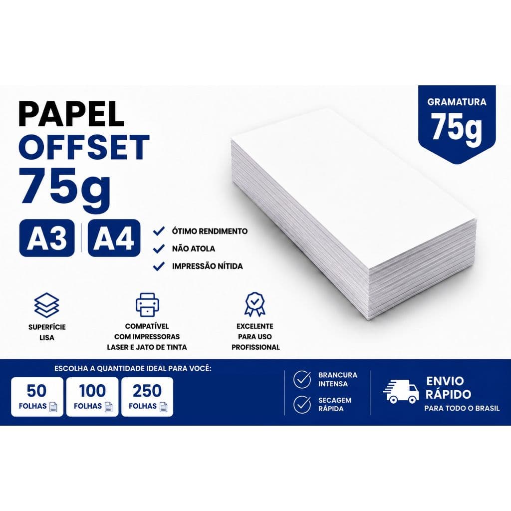 Papel Offset A3, A4 75g Branco Para Impressora Laser e Jato de Tinta | 50 100 250 FOLHAS