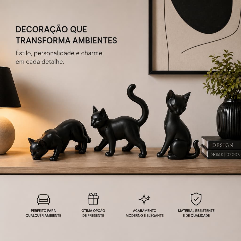 3 Escultura Gato Decorativo Para Casa Mesa e Estante Decoração Moderna Casa