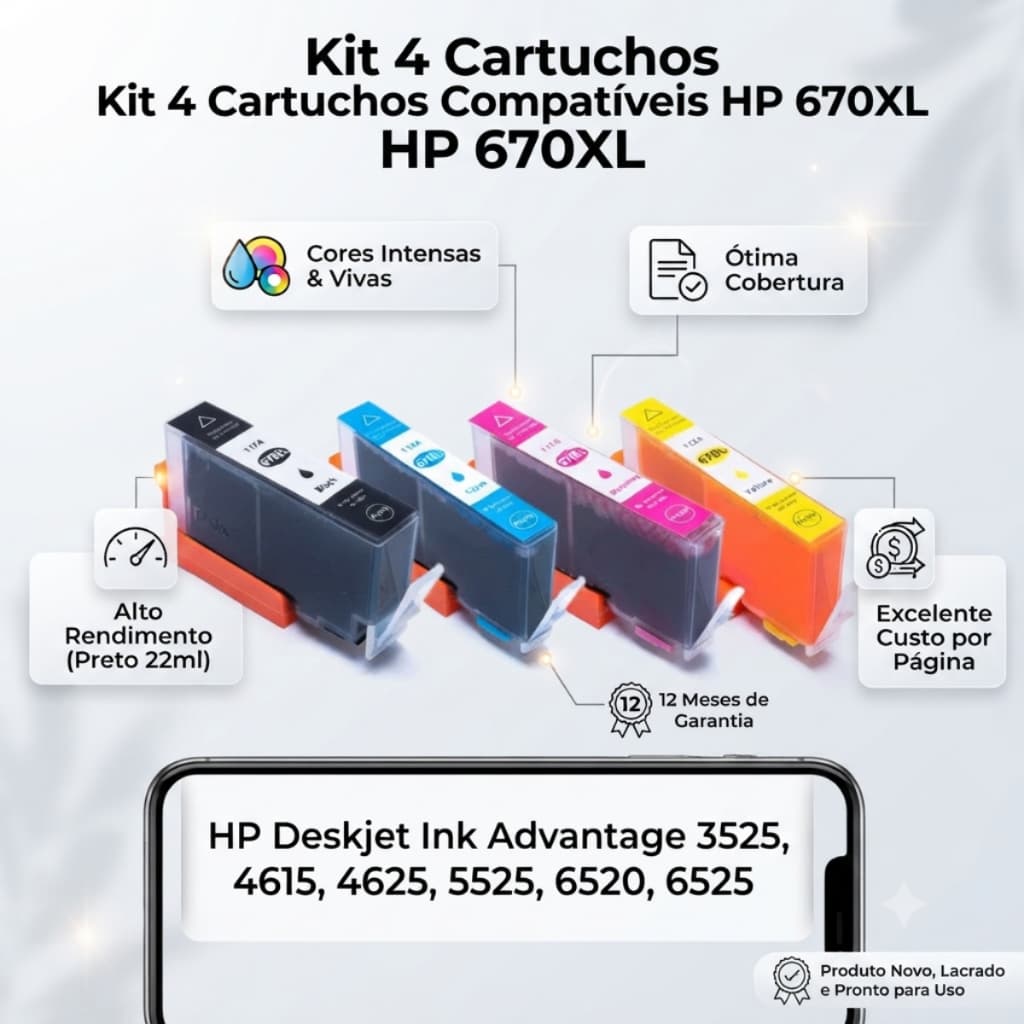 Kit 4 Cartucho de Tinta Compatível com 670 Xl 670xl, Cz117ab Cz118ab Cz119ab Cz120ab 3525 5525 4615