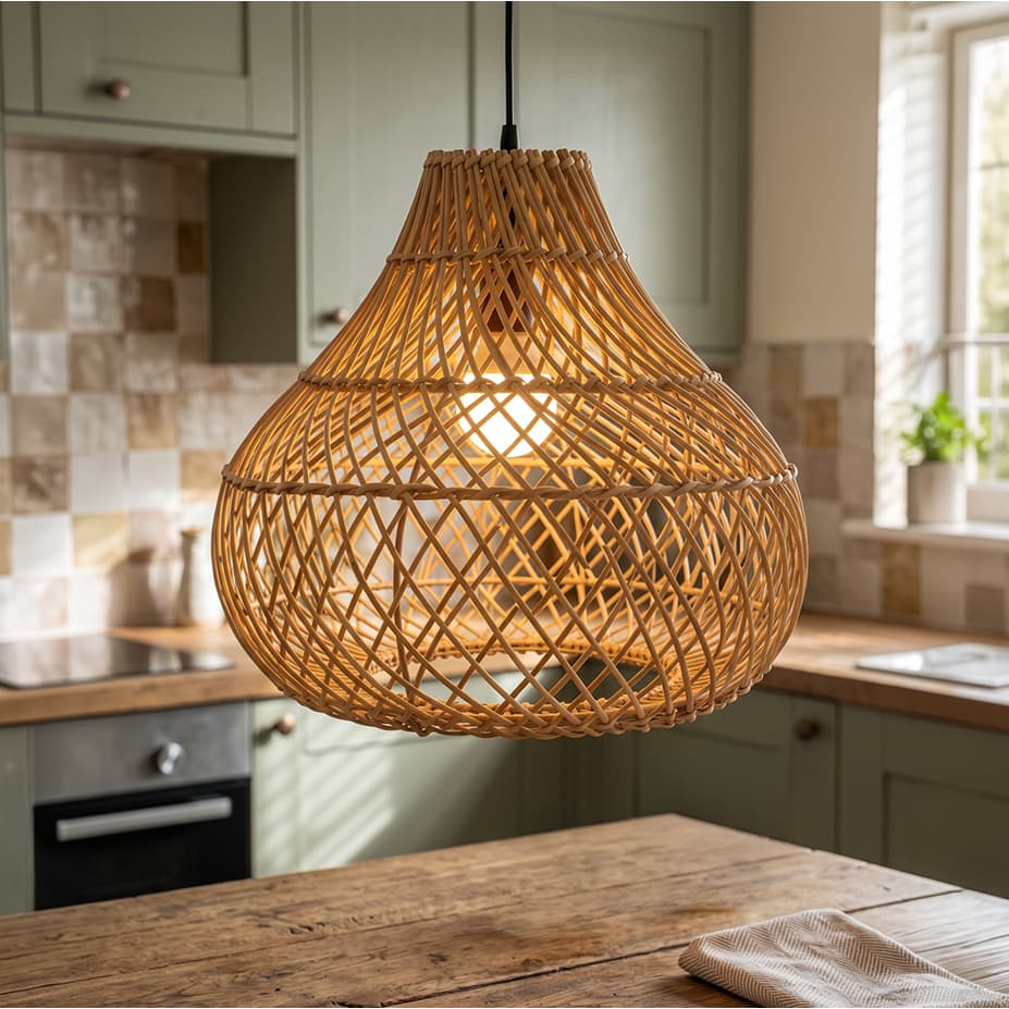 Luminária De Bambu Rústica Cozinha Bancada Rattan Completo Palha Artesanal