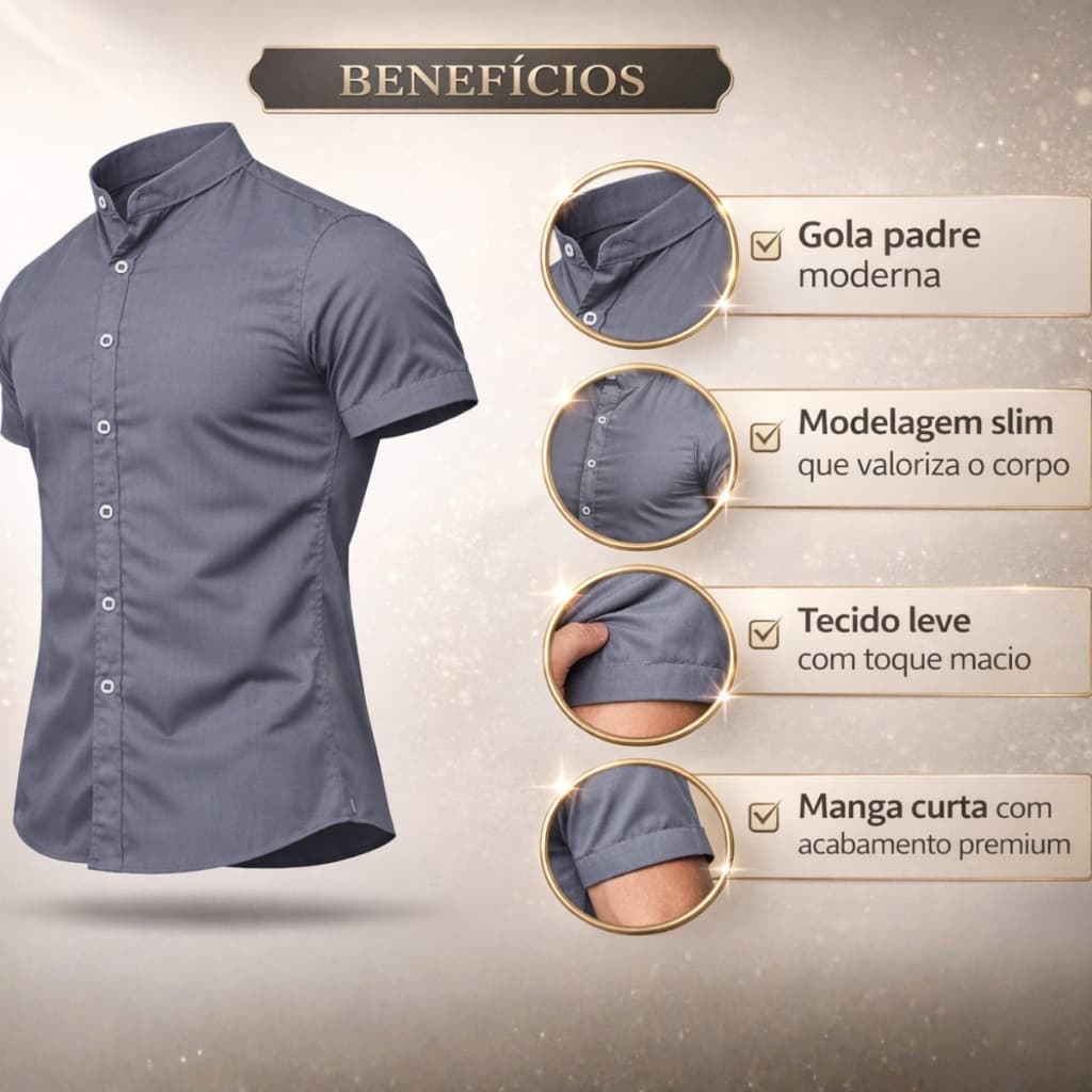Camisa Social Gola Padre Manga Curta Masculino Slim Fit Elegância