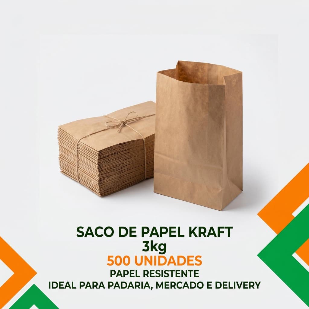 Saco de Papel Kraft 3kg Reforçado Pacote com 500 Unidades para Padaria Mercado Delivery