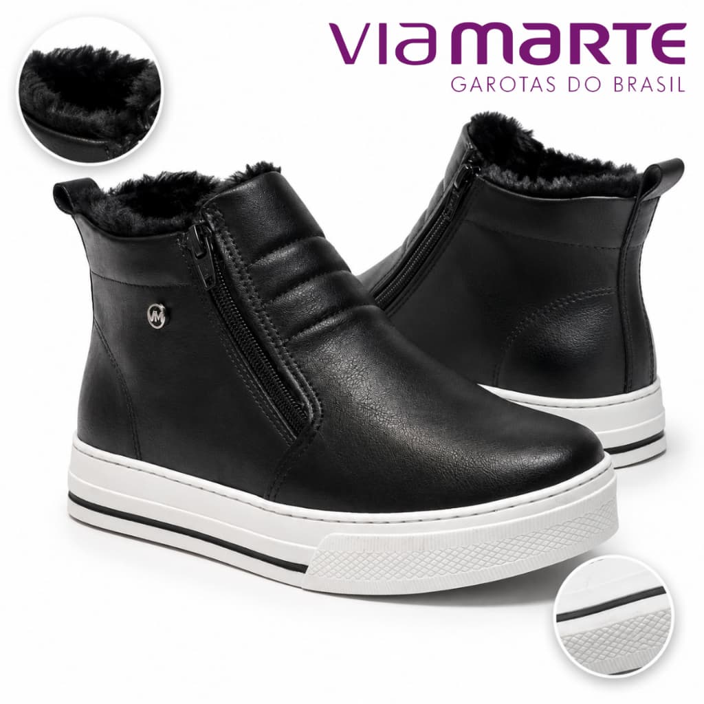 Tênis Feminino Via Marte Abotinado Preto com Pelinho e Zíper Slip On Sola Alta Calce Fácil Conforto