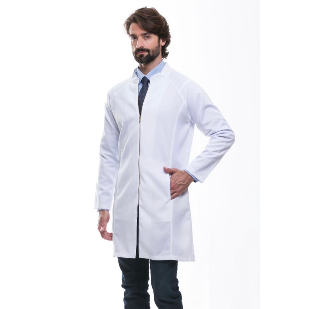 Jaleco Masculino Slim em Oxford Premium Branco com Ziper prateado Viena Gardenia Jalecos