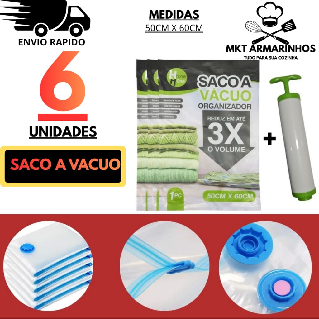 Kit 6 Sacos a Vácuo + Bomba  Organizador Roupa Edredom Cobertor + Bomba Manual 50x60cm Saco Vac Bag Economiza Espaço