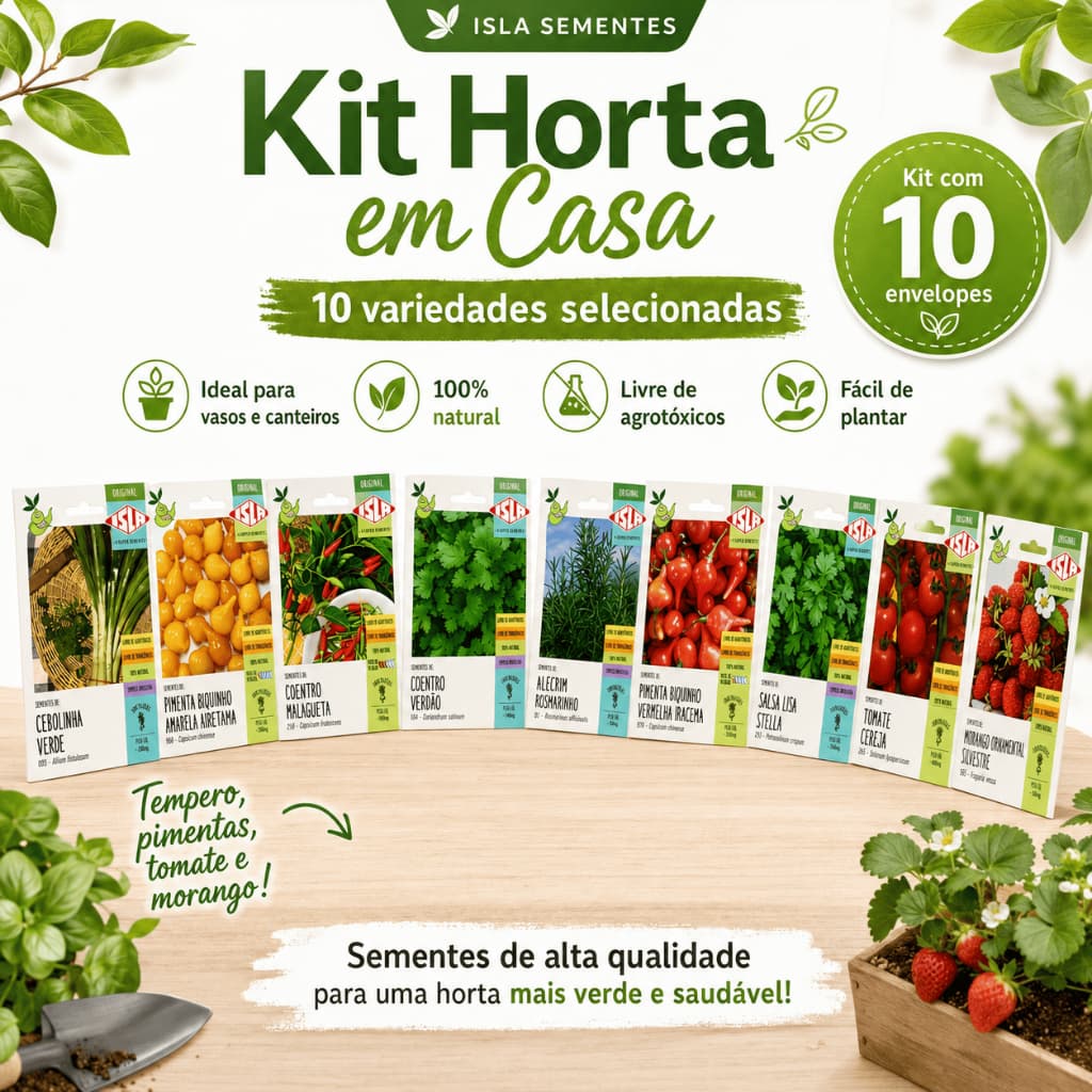 Kit Sementes Horta Caseira 10 Variedades Isla Cebolinha Coentro Alecrim Pimentas Tomate