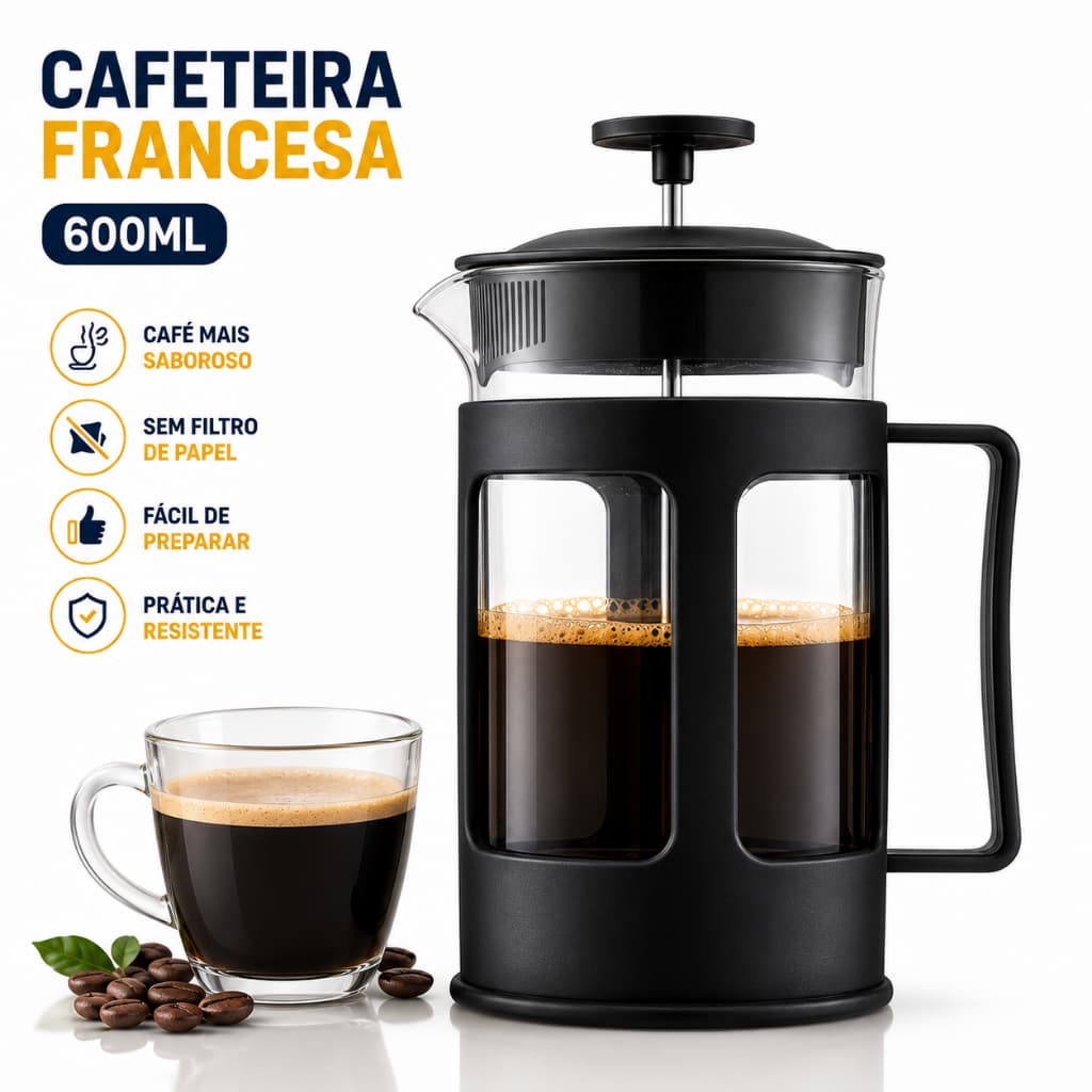 Cafeteira Prensa Francesa 600ml Premium Filtro Inox Reutilizável Café Chá Espumador de Leite - SH