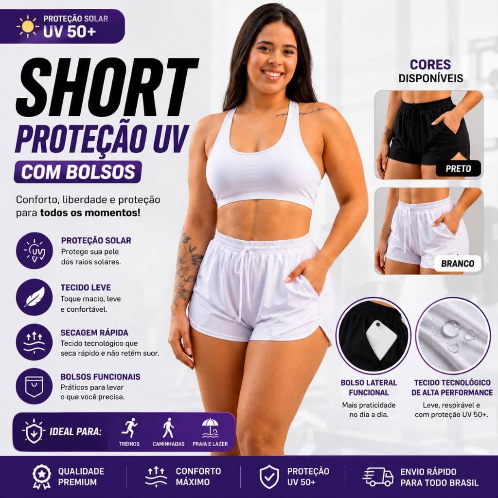 Short Feminino Poliamida Proteção Solar UV 50+ Com Bolsos Academia Corrida Praia Fitness Cintura Alta