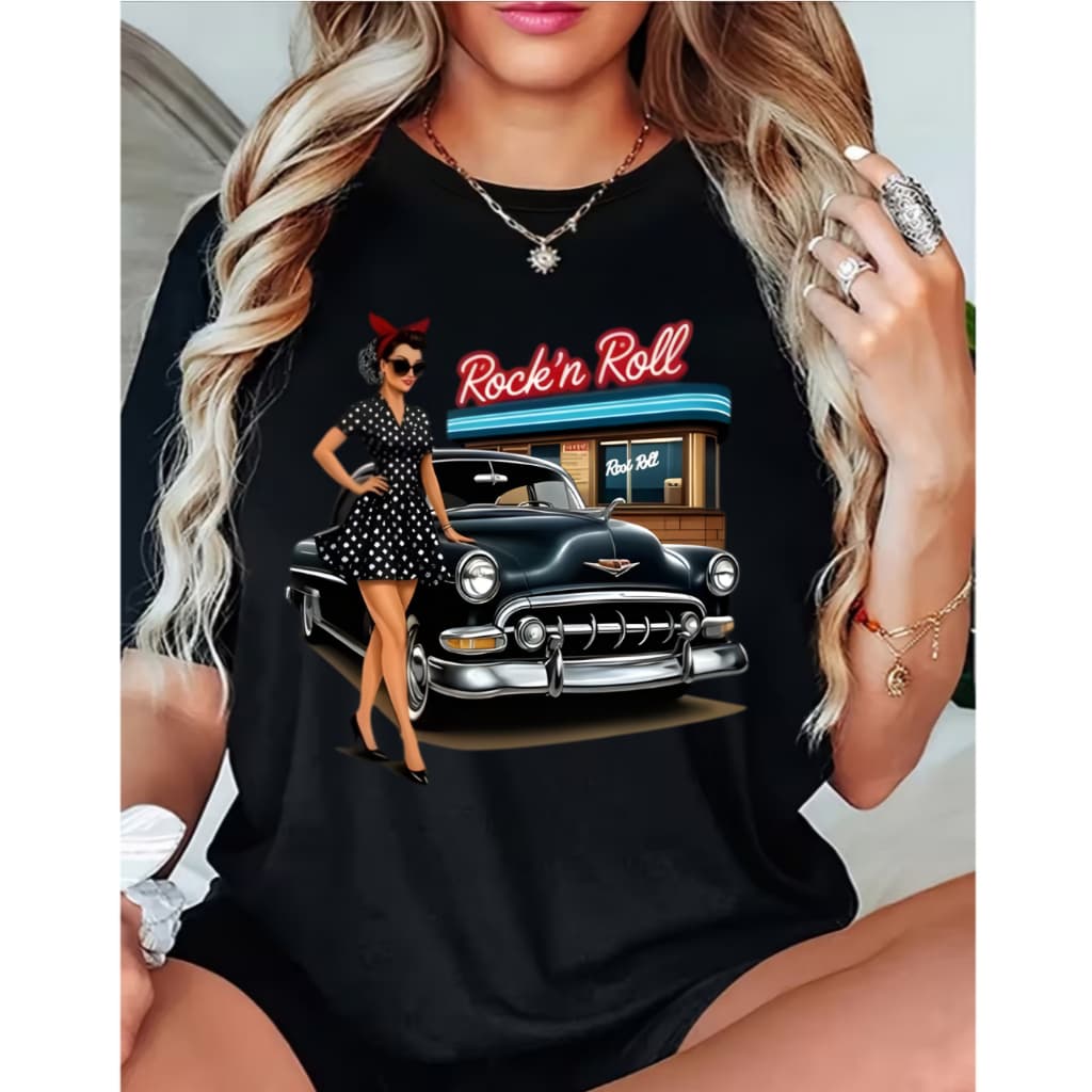 Camisa Feminina Rock and Roll Vintage Pin Up Carro Antigo Estilo Retrô Camiseta Blusinha Premium