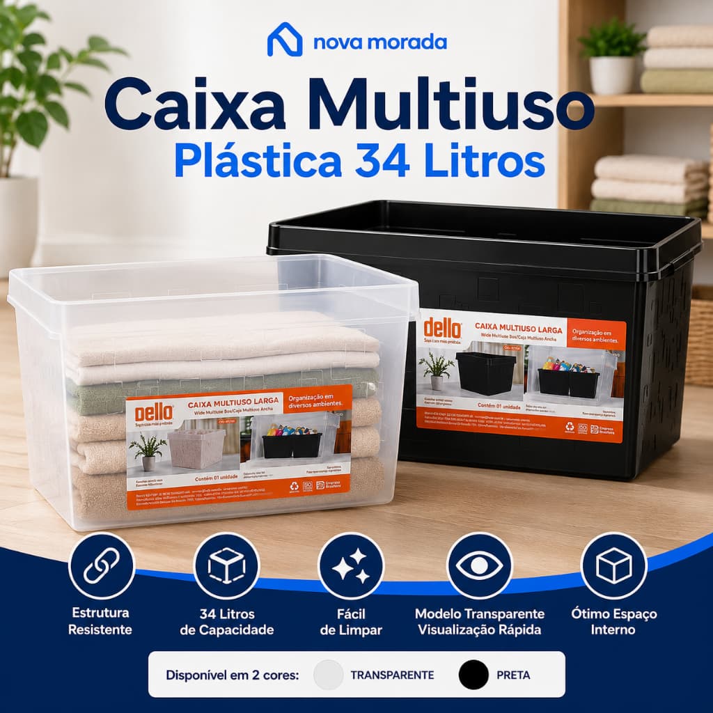 Caixa Organizadora Plástica 34 Litros Multiuso Grande Para Roupas Brinquedos Closet Escritório