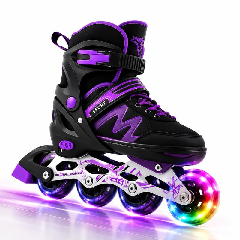 Patins Infantil inline Sport LED nas Rodas Dianteiras - Preto/Roxo Regulável, Confortável e Seguro!