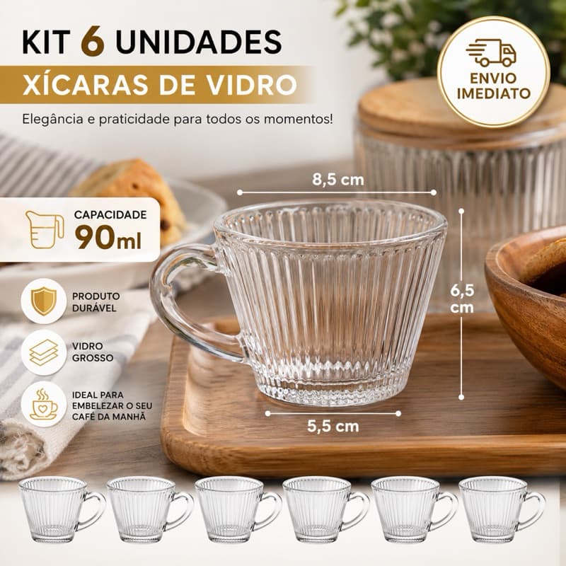 Jogo Xícaras Vidro Kit 6 Und Xicara Cafe Atenas Cristal 90 ml - Vidro Resistente para Chá e Café