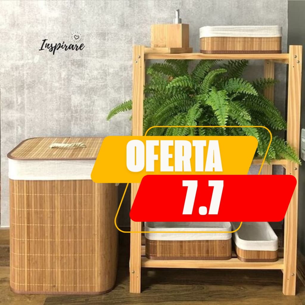 Kit 4 Cestos Organizadores Bambu Natural 1 Roupeiro 70L Com Tampa + 3 Cestos Multiuso Decorativos