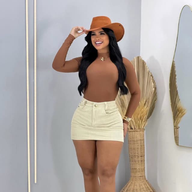 Saia Feminina Cotelê Suede Cintura Alta Com Bolso Veludo Tendência Inverno 2026