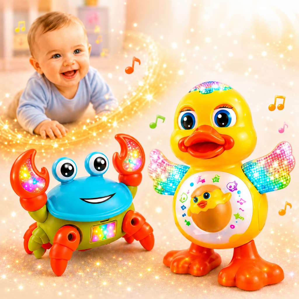 Pato Dançante e Caranguejo Fujão Dançarino Brinquedo com Som Luz Musical Anda Mexe Infantil