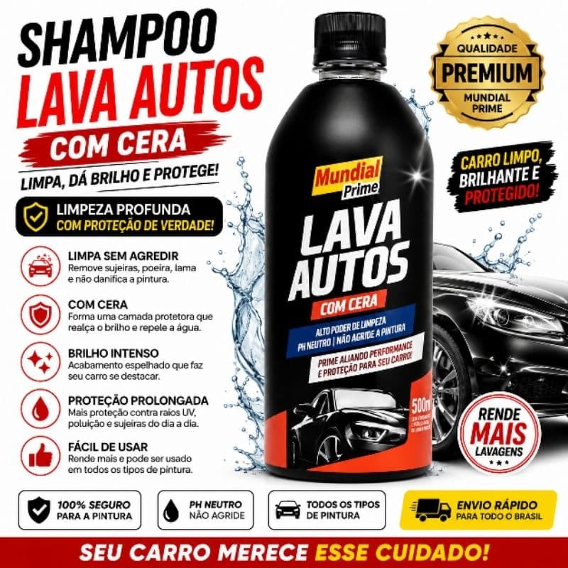 Shampoo Automotivo Lava Carros Motos Lava Car Concentrado com Cera Proteção da Pintura Mundial Prime Alto rendimento