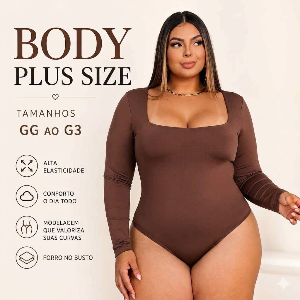 Body Feminino Manga Longa com Decote Quadrado Plus Size com Fecho
