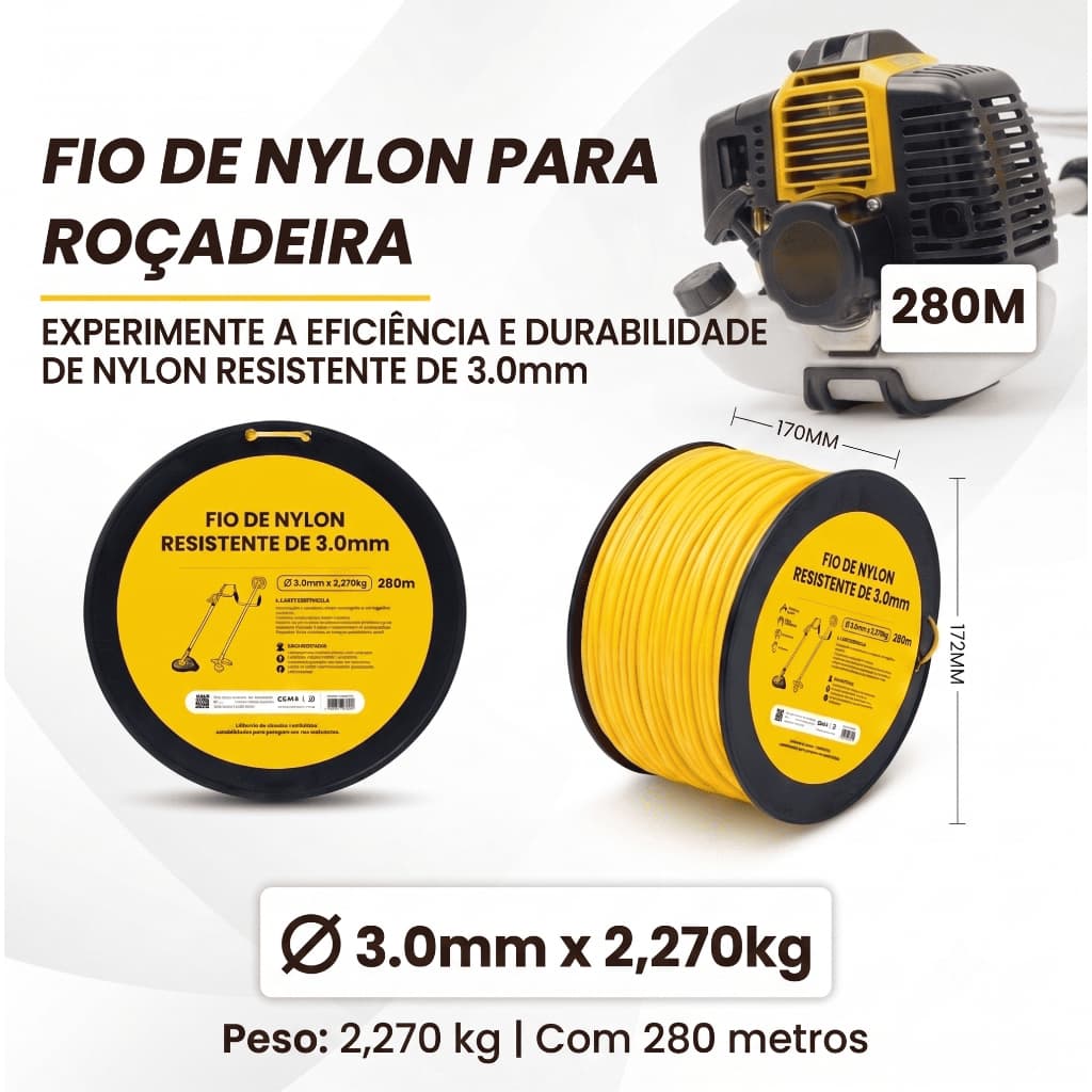 Rolo Fio Nylon Roçadeira 3.0mm 2kg 280 Metros Profissional