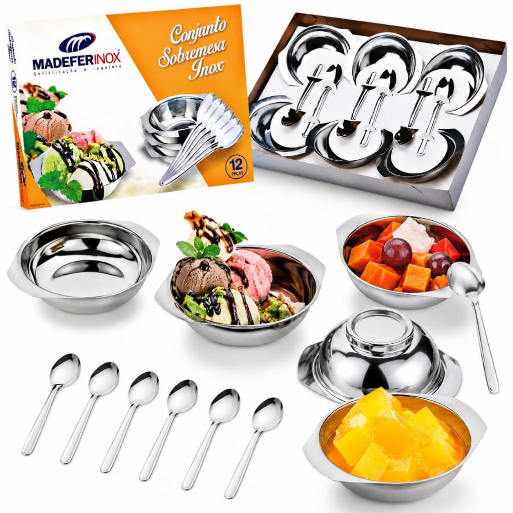 Conjunto Sobremesa 12 peças 6 taças 6 colheres aço inox Luxo Jogo Potes Tigelas e Colheres Madefer