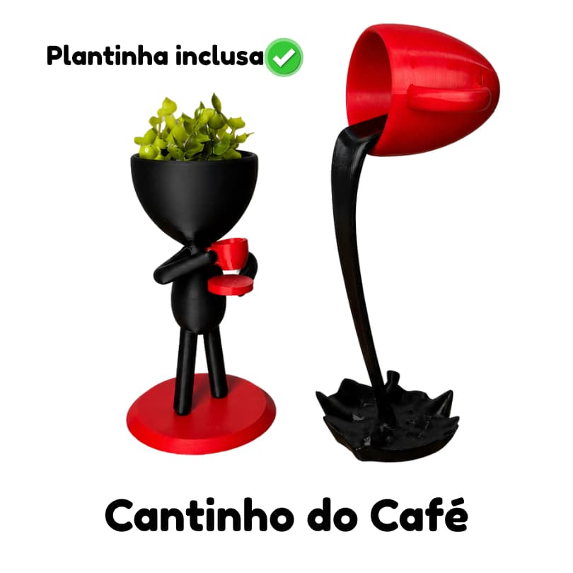 Decoração cantinho do café Preto e vermelho  , xícara flutuante com bob em pé , planta inclusa