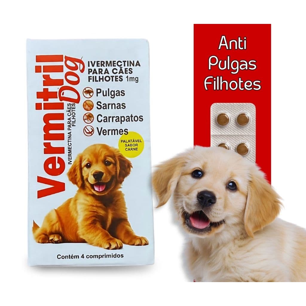 Vermitril Cães Filhotes | Remédio Anti Pulgas, Carrapatos, Vermes e Sarnas | Comprimidos Mastigáveis