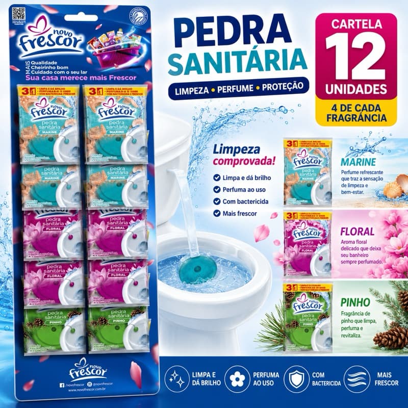 Pedra Sanitária Novo Frescor Cartela 12 Unidades 22G 4 Marine 4 Floral 4 Pinho Original Limpeza 3em1