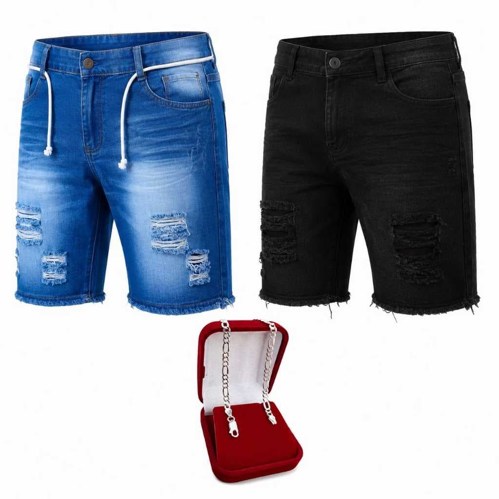 Kit Masculino 2 Bermuda Jeans Rasgada + Pulseira Masculina Envio no Mesmo Dia