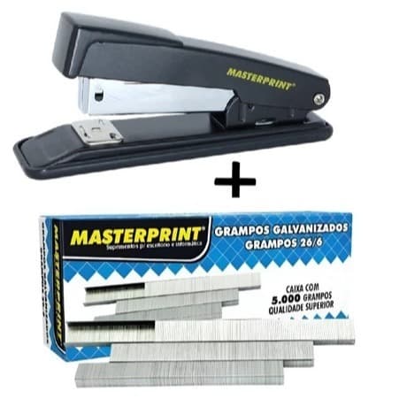 Kit Grampeador Metal 20 fls + 5000 Grampos 26/6 - Escola Escritório Masterprint