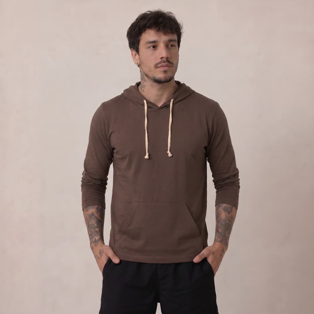 Camiseta Manga Longa Unisex com Capuz e Bolso Malha Leve Confortável Para Academia