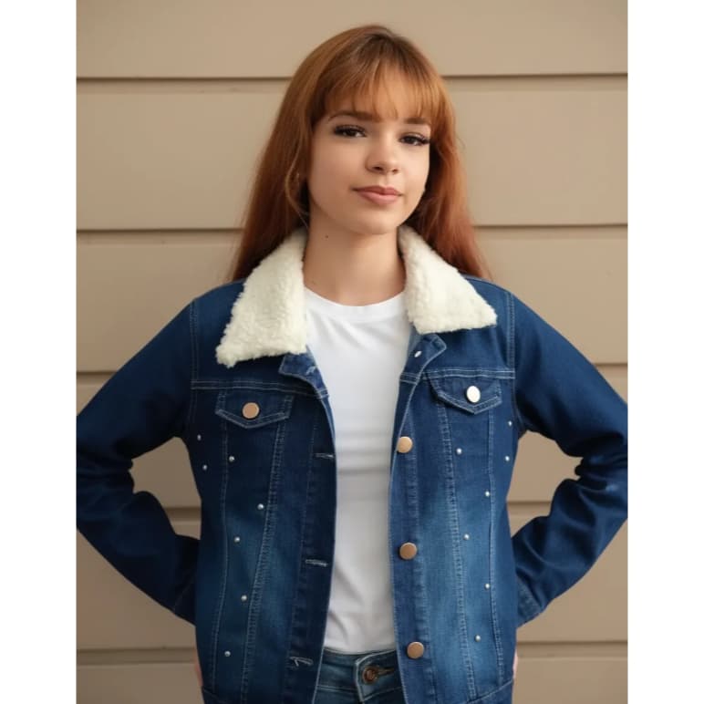 Jaqueta Jeans Feminina Infantil Juvenil  com Pelinho Na Gola Detalhe em Pérolas Tecido com Lycra