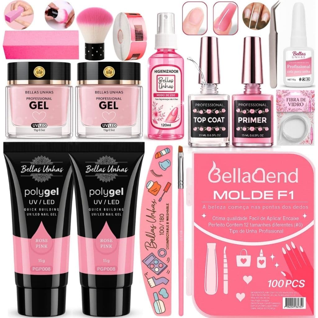 Kit Alongamento Unhas Gel Polygel Fibra De Vidro Completo Molde F1 Profissional Iniciante Manicure