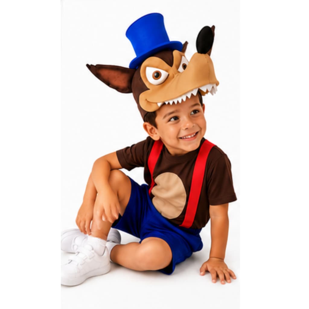 Fantasia Infantil Lobo Mau Completa Chapeu Mascara Rabo Suspensorio Camiseta Shorts Festa Cosplay