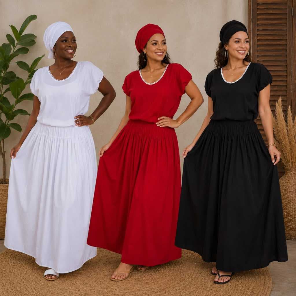 Conjunto Feminino Umbanda e Candomblé Oxford 3 Peças Saia+Camisu+Pano de Cabeça com Renda Premium