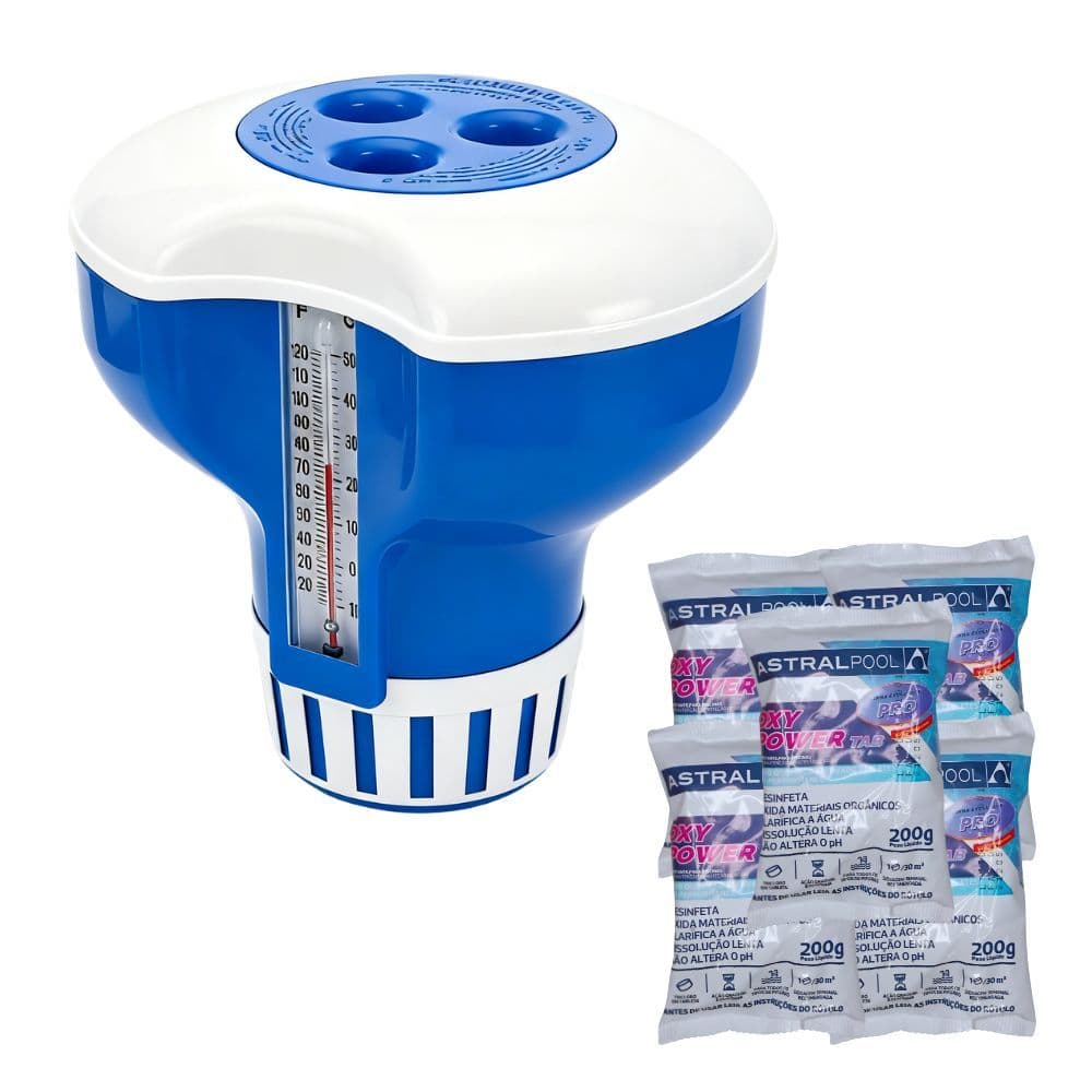 Kit Clorador Flutuante com Termômetro + 05 Pastilha de Cloro para Piscinas