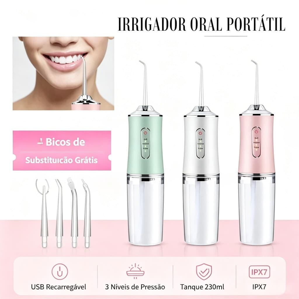 Irrigador Oral Portátil Recarregável USB 230ml 3 Níveis Pressão Jato Forte IPX7 Limpeza Bucal