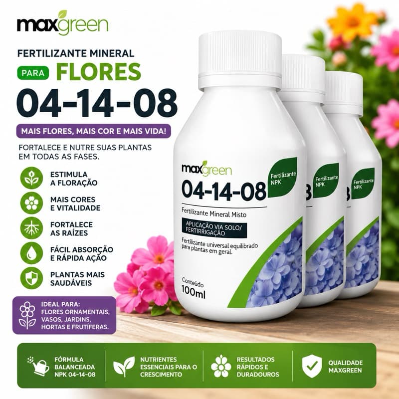 Kit 03 Adubo Fertilizante Líquido Para Plantas NPK 04.14.08 Maxgreen Concentrado 100ml