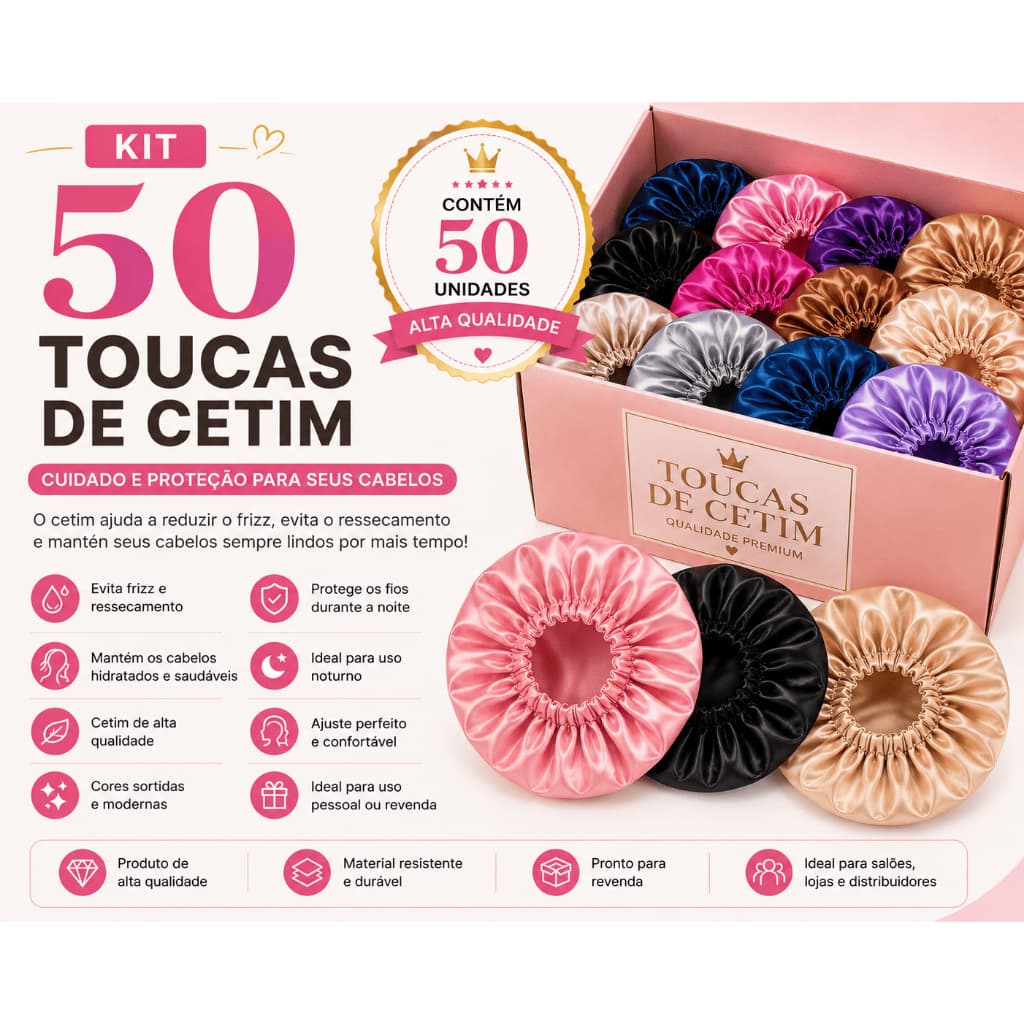 Kit 50 Toucas de Cetim Anti Frizz Atacado para Revenda Proteção Capilar