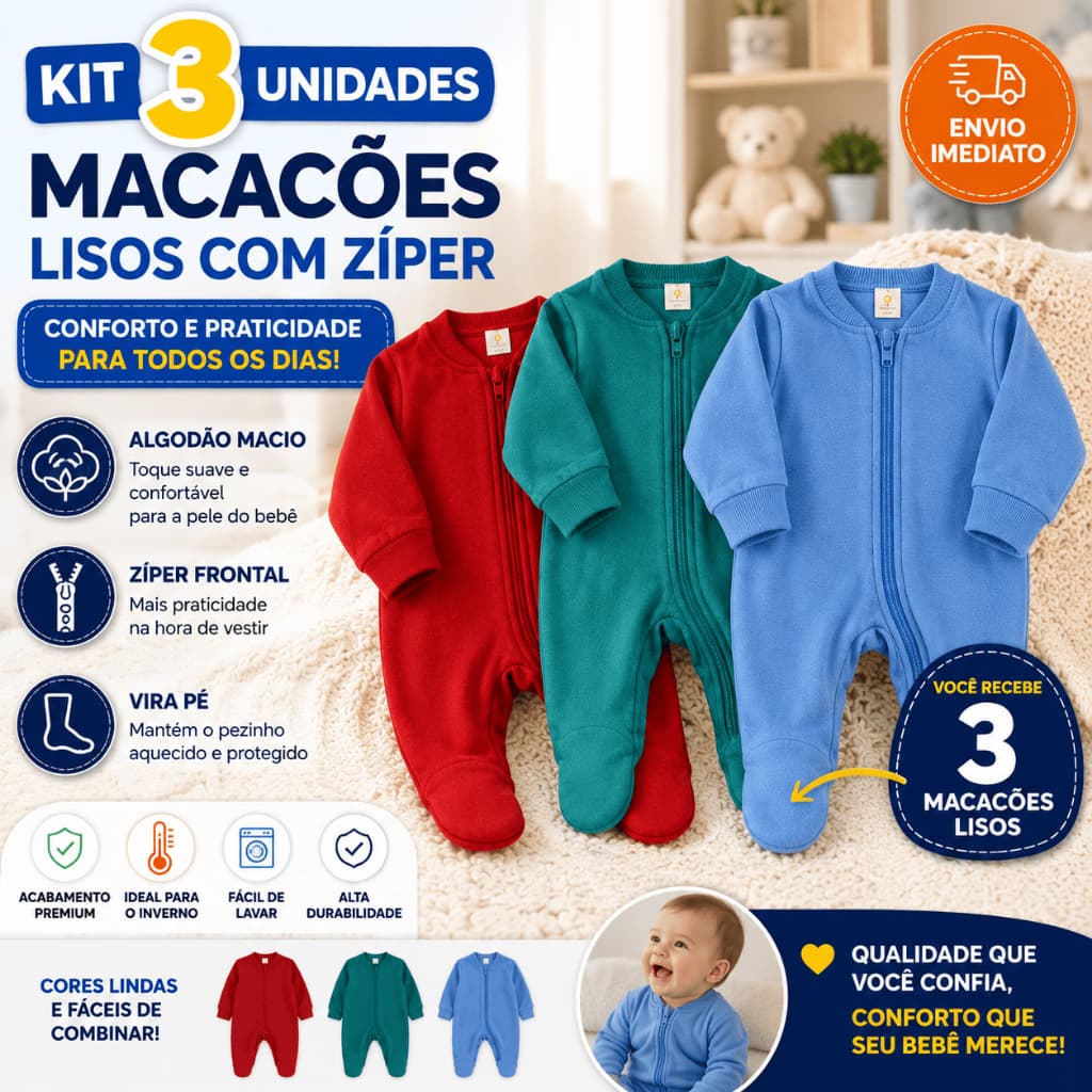 Kit 3 Macacão Bebê Menino Liso Algodão Zíper Vira Pé Inverno Infantil Macio Macacões