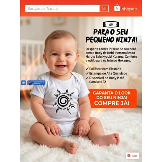 Body de Bebê Personalizado Naruto Selo Kyuubi Kurama