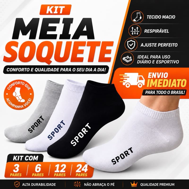 Kit 3|6|12|24 Pares de Meias Soquete Premium Cano Curto Algodão Unissex Sport