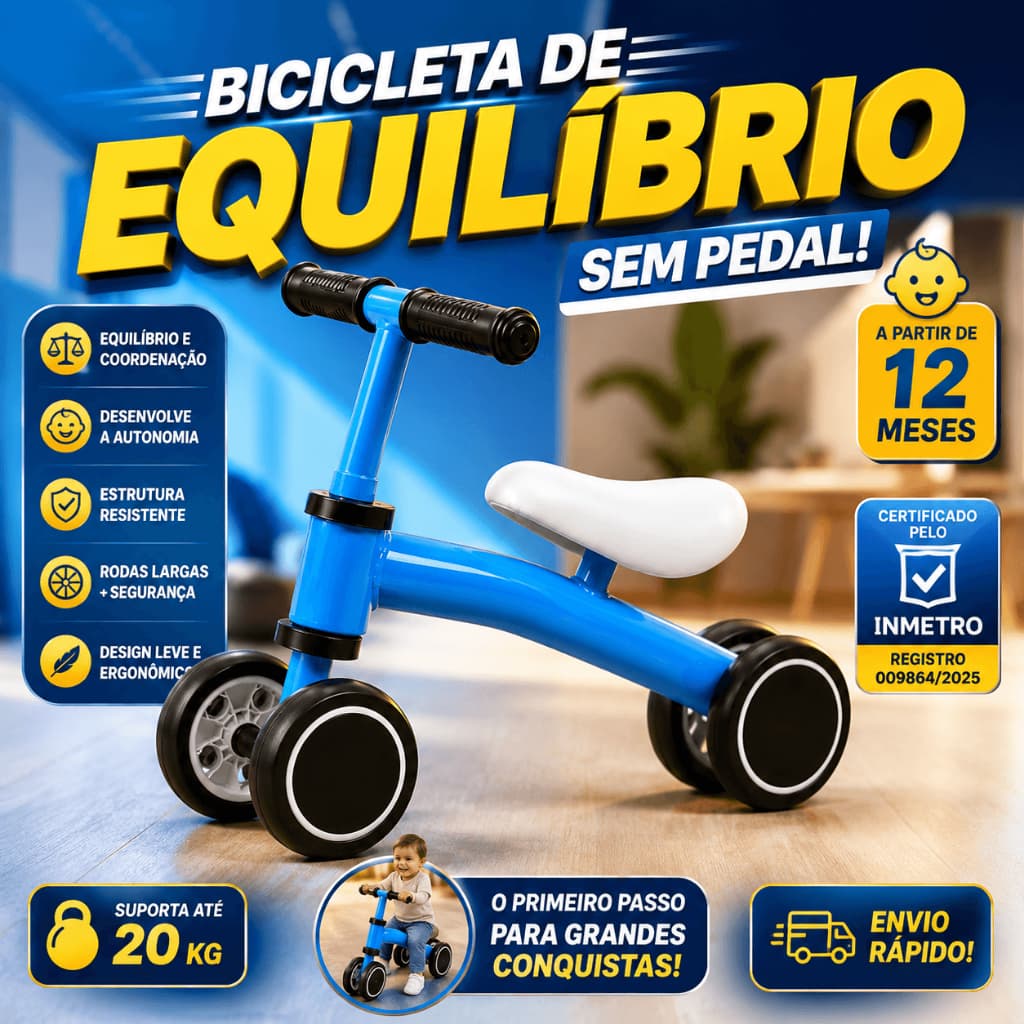 🚴👶 Bicicleta de Equilíbrio Infantil Sem Pedal 4 Rodas Bebê Andador Coordenação Motora 12 Meses Até 20kg Azul