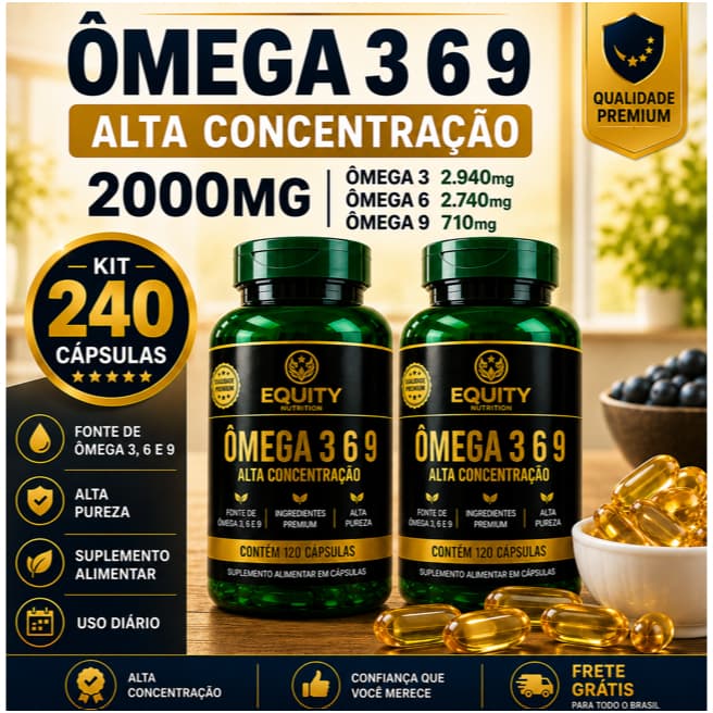 Ômega 3 6 9 2000mg 240 Cápsulas Alta Concentração EPA DHA Alta Pureza Equity Nutrition