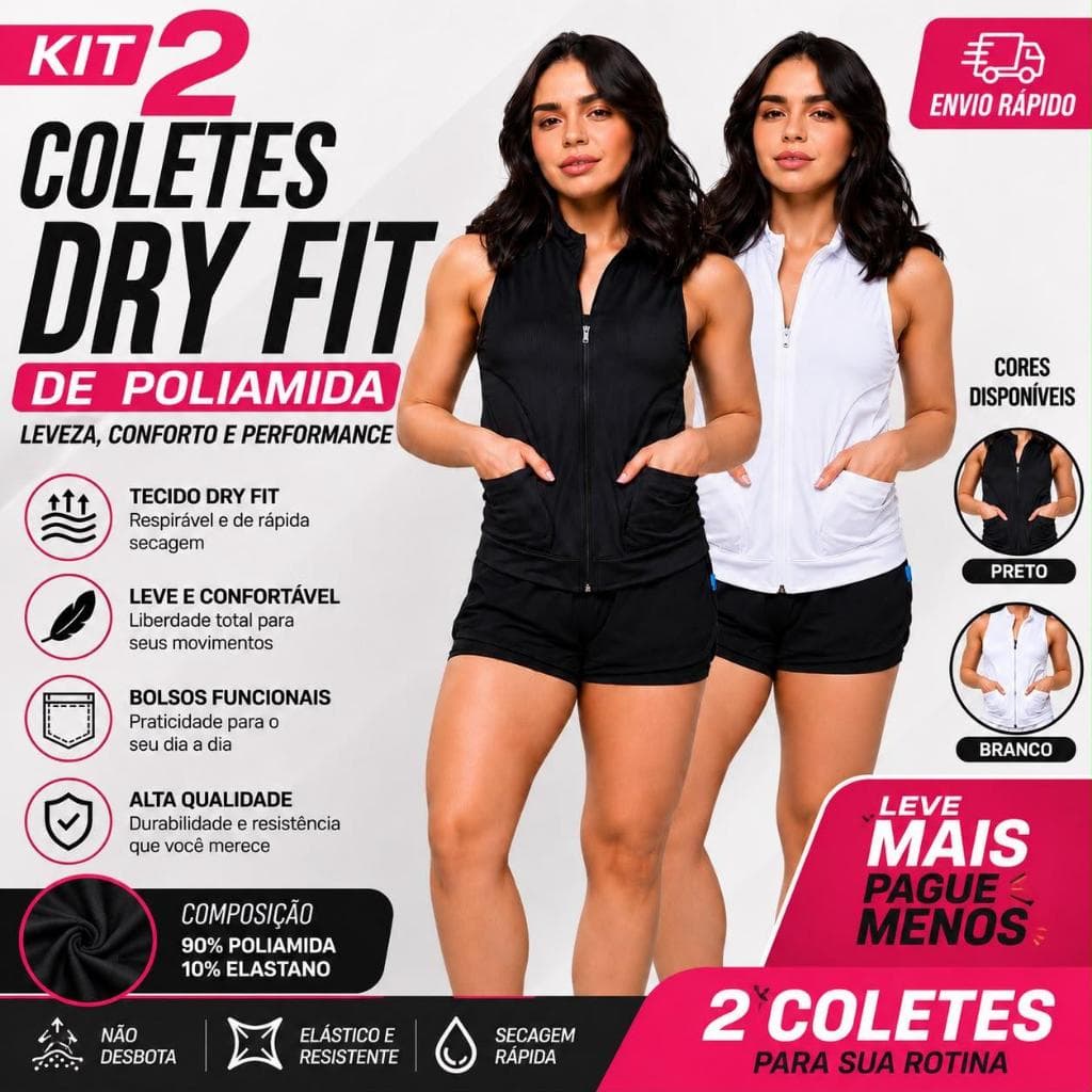 Kit 2 Coletes Feminino Dry Fit Poliamida Com Bolsos Zíper Academia Caminhada Corrida Fitness Preto e Branco