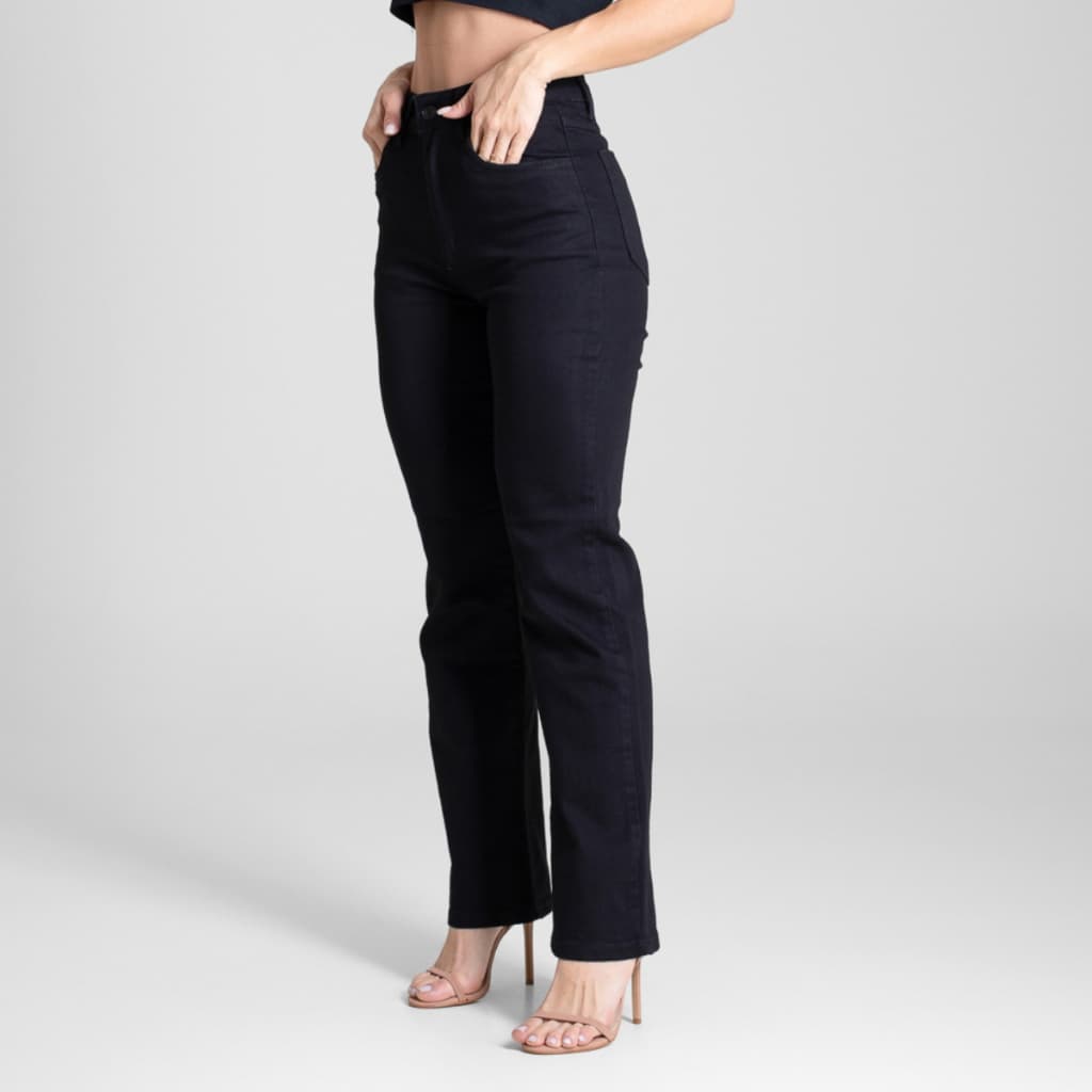 Calça Reta Preta Sawary Feminina Original Cintura Alta Lycra Elastano Bolsos Funcionais Premium