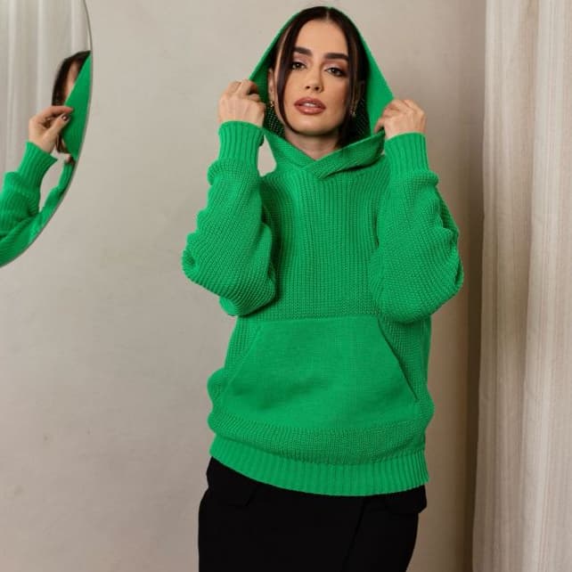 Blusa Feminina Capuz e Bolso Grande Básica Elegante Casaco Feminino Agasalho Trico Moda Inverno