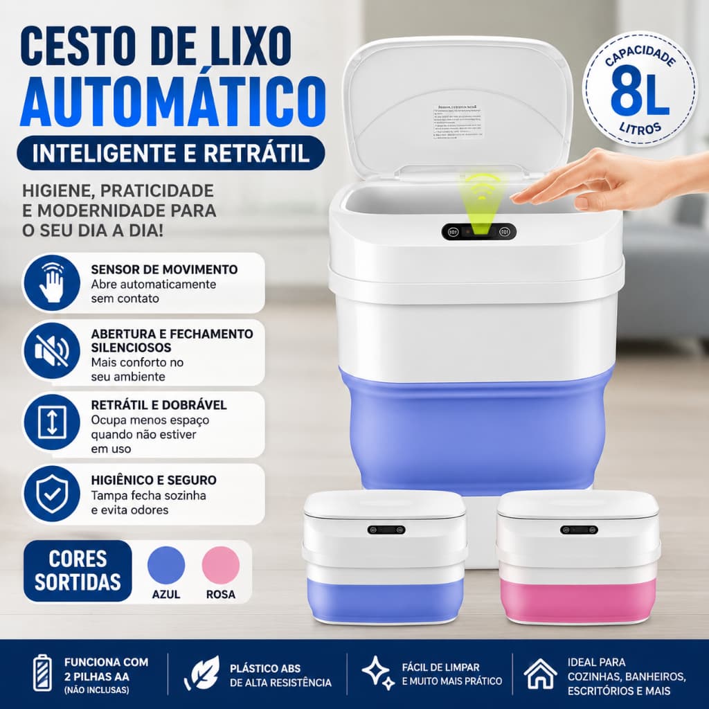 Cesto De Lixo Lixeira Automática Retrátil Inteligente 8 Litros - (Cores Sortidas)