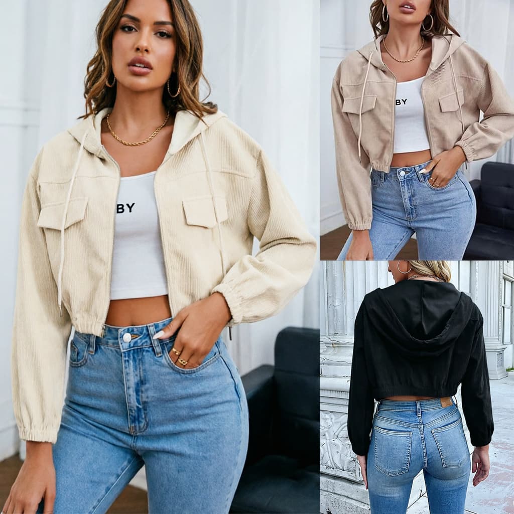 Jaqueta Feminina Veludo Cotelê Short com Capuz e Zíper Estilo Casual Outono Inverno