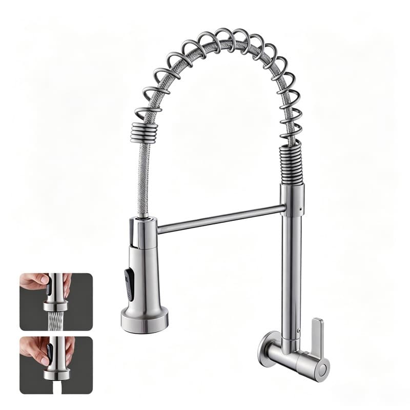 Torneira de Cozinha de Parede 360° em Aço Inoxidável 304 Prata Escovado Pull Down Ducha Spray